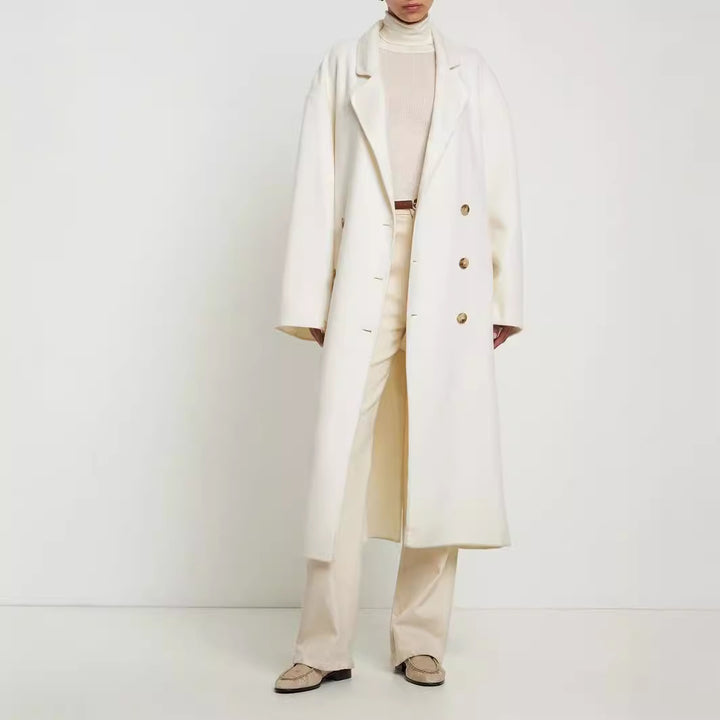 Women Oversize Double-breasted Long Coat with Dropped Shoulder Silhouette and Gold Decorative Buttons Mune Fashion