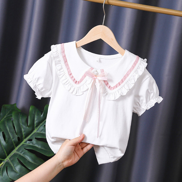 Girls T-shirt with ruffled collar and bow accents Mune Fashion