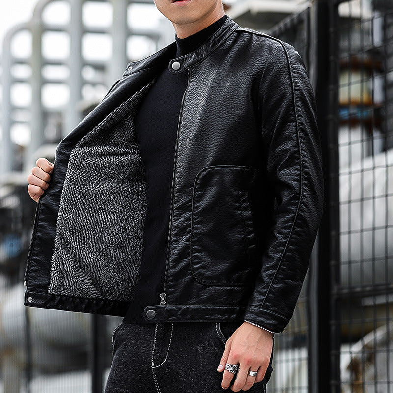 Men's Slim-Fit Faux Leather Jacket in Biker Blouson Style with Standing Collar and Patch Round Pockets Mune Fashion