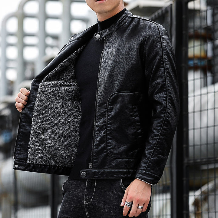 Men's Slim-Fit Faux Leather Jacket in Biker Blouson Style with Standing Collar and Patch Round Pockets Mune Fashion