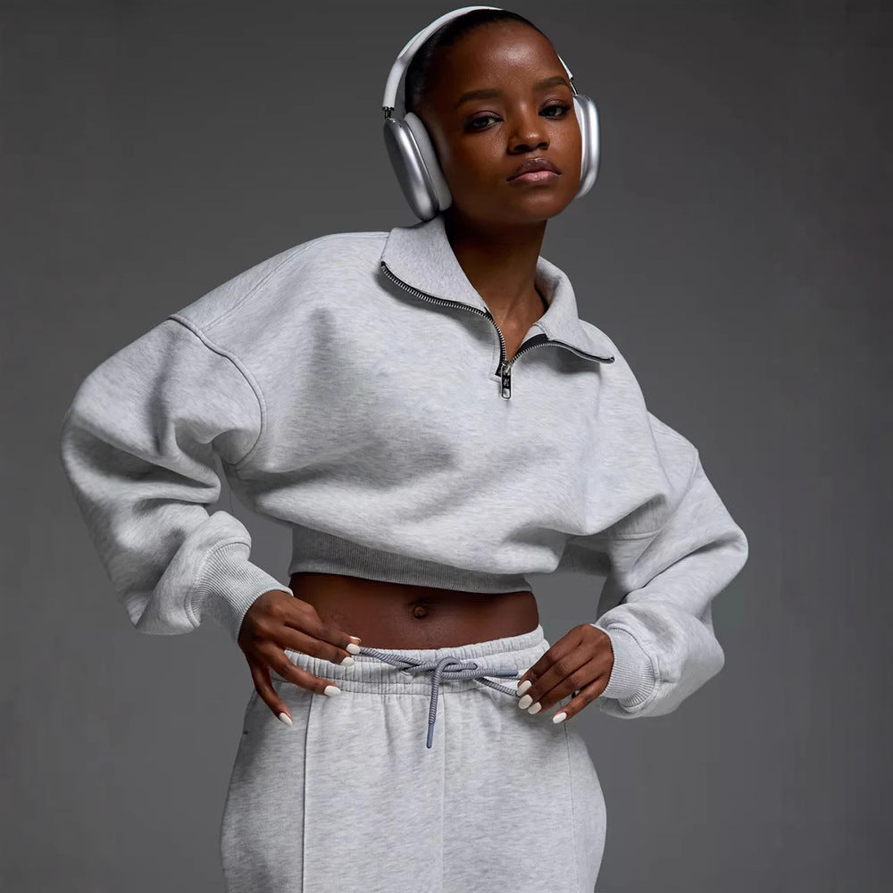 Women's short Half-Zip sweatshirt set with high-waisted wide lounge jogging pants Mune Fashion