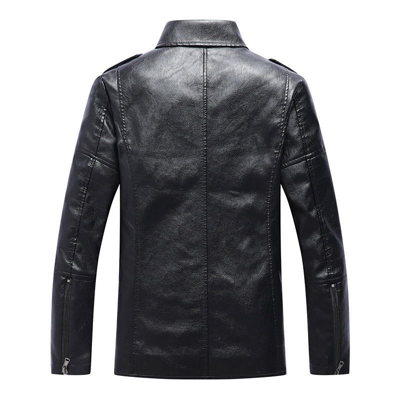 Men's biker leather-look jacket with asymmetrical zipper, shoulder patches, and quilted sleeve section Mune Fashion
