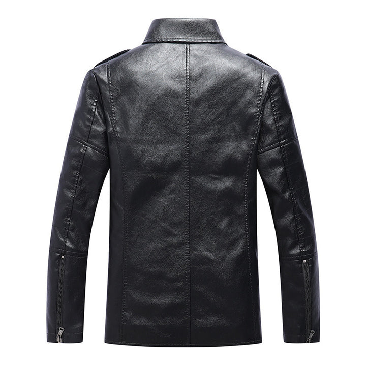 Men's biker leather-look jacket with asymmetrical zipper, shoulder patches, and quilted sleeve section Mune Fashion