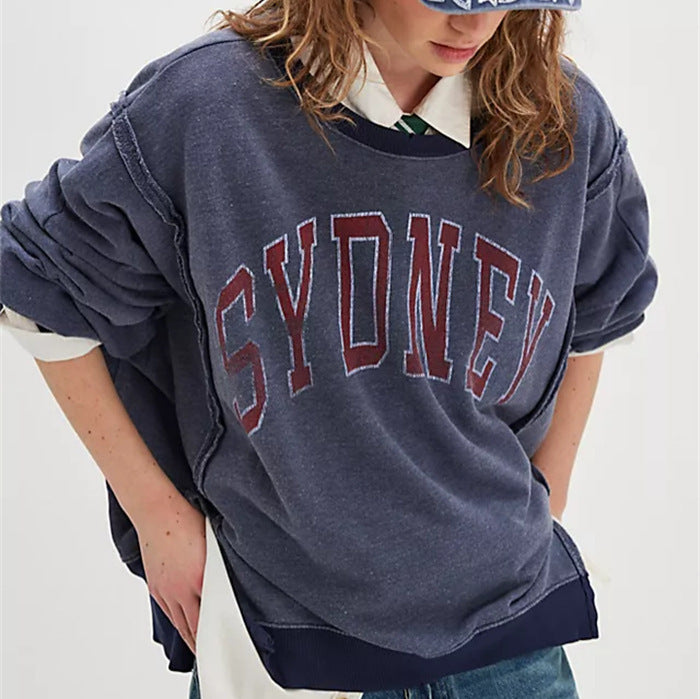Women oversized sweatshirt with beet print, fringed seam accents and thumbhole sleeves Mune Fashion
