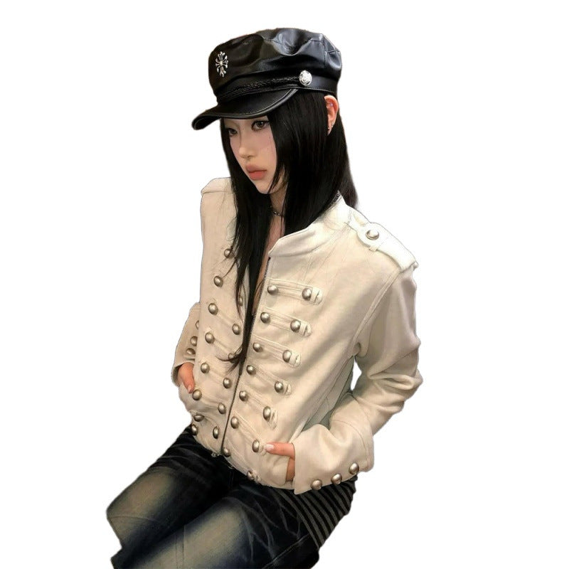 Women Short Military Inspired Jacket with Double Decorative Button Placket and Cuffs Mune Fashion