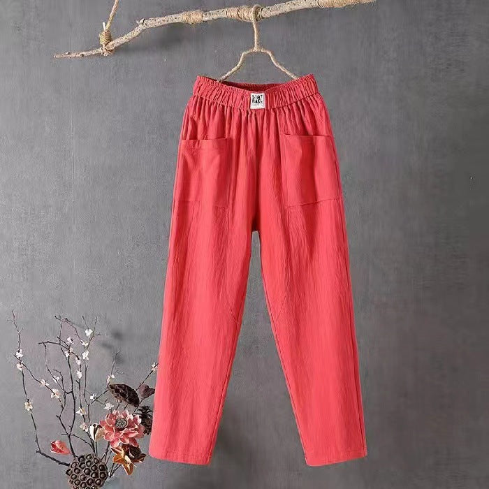 Ladies casual linen blend trousers with elastic waistband, straight leg, and large patch pockets Mune Fashion