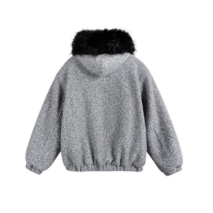 Women's Boucle Blouson Jacket with Voluminous Faux Fur Collar and Thermal Lining Mune Fashion