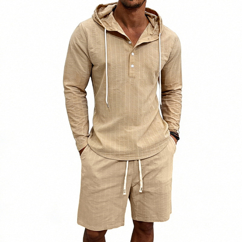 Men's striped linen-look hooded Henley set with drawstring shorts Mune Fashion