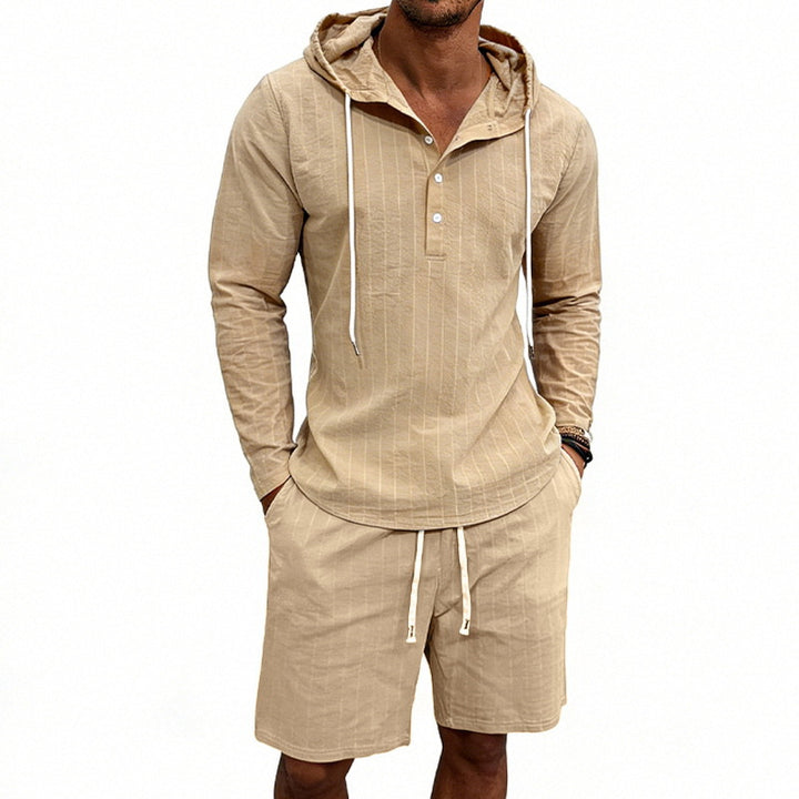Men's striped linen-look hooded Henley set with drawstring shorts Mune Fashion