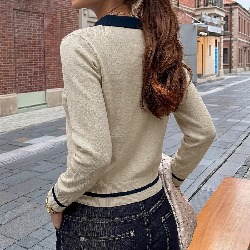 Women's Fine Polo Collar Knit Sweater with Button Placket, Contrast Collar and Striped Cuffs Mune Fashion