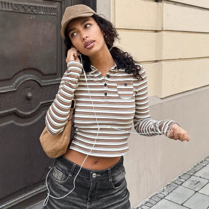 Women's striped polo crop long sleeve with contrast collar and breast pocket Mune Fashion