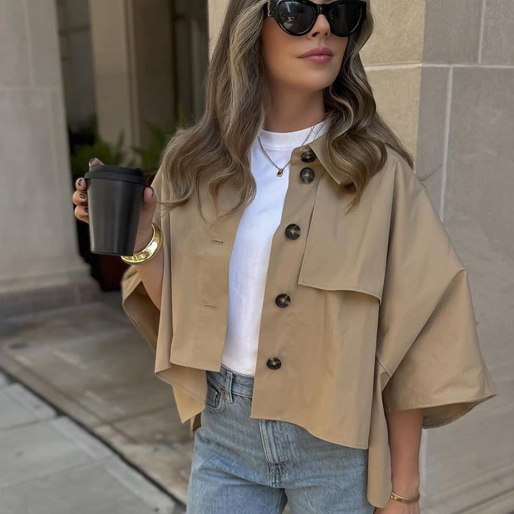 Women's short water-repellent cape jacket in trench style with wide lapel collar Mune Fashion
