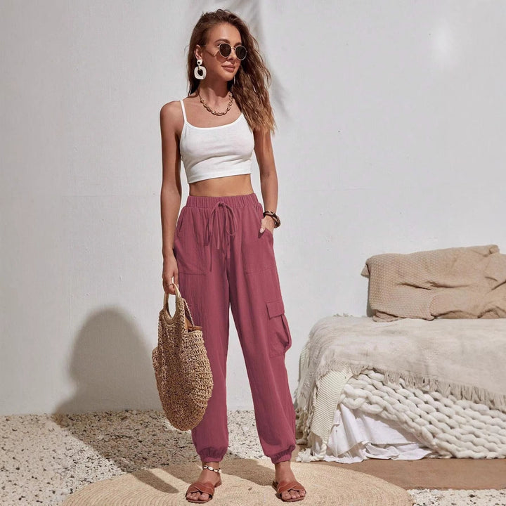 Women Cargo Jogging Pants with Elastic Waistband, Drawstring and Patch Pockets Mune Fashion