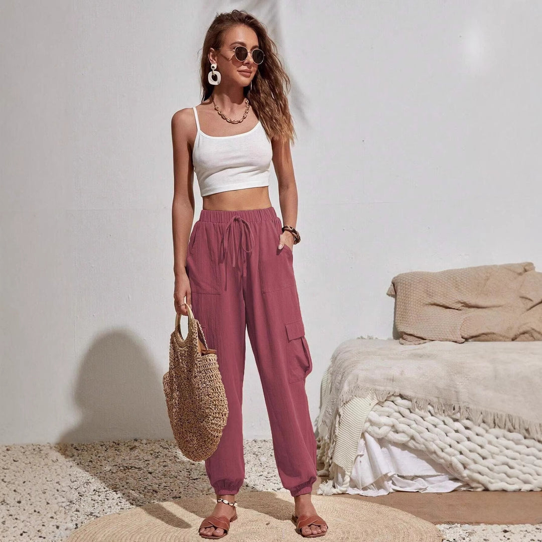Women's Lightweight Cargo Jogging Pants with Drawstring, Elastic Waistband and Elastic Cuffs Mune Fashion