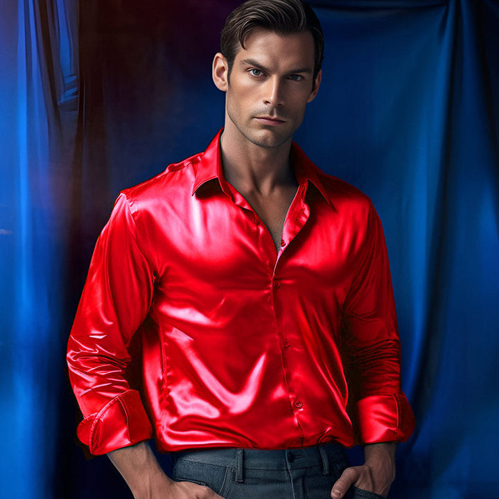 Men's Shirt Made Of Shiny Satin with Modern Collar Mune