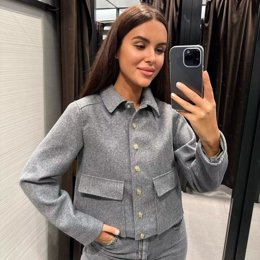 Women's short wool jacket with gold button front, patch flap pockets, and tailored silhouette Mune Fashion