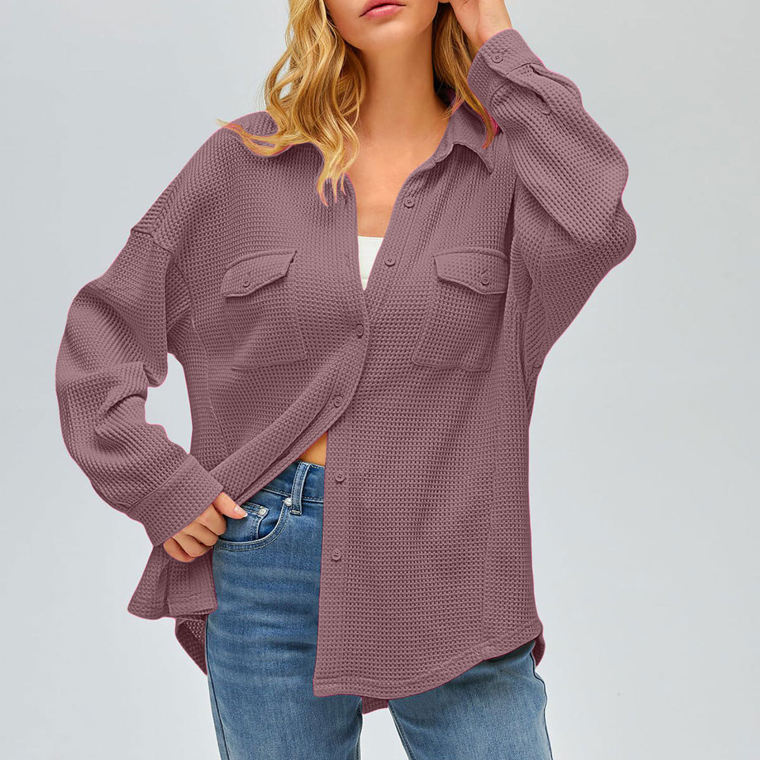 Women's oversized waffle knit shirt jacket with chest pockets and button placket Mune Fashion