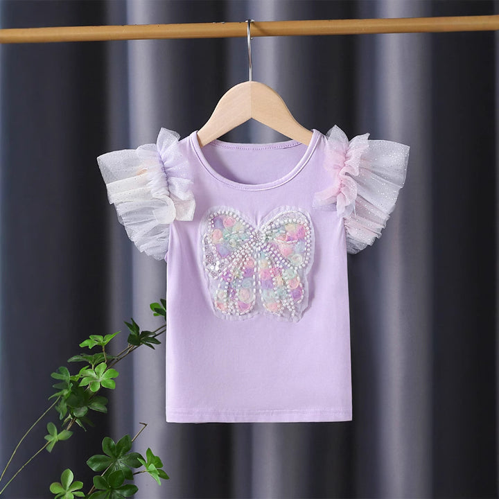 Girl's T-shirt with sparkling butterfly design and ruffle details Mune Fashion