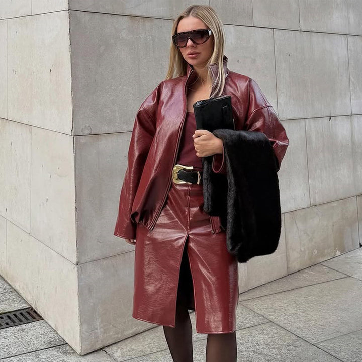 Women's Shiny Faux Leather Two-Piece with Oversized Zip Jacket and Tailored Midi Skirt Mune Fashion