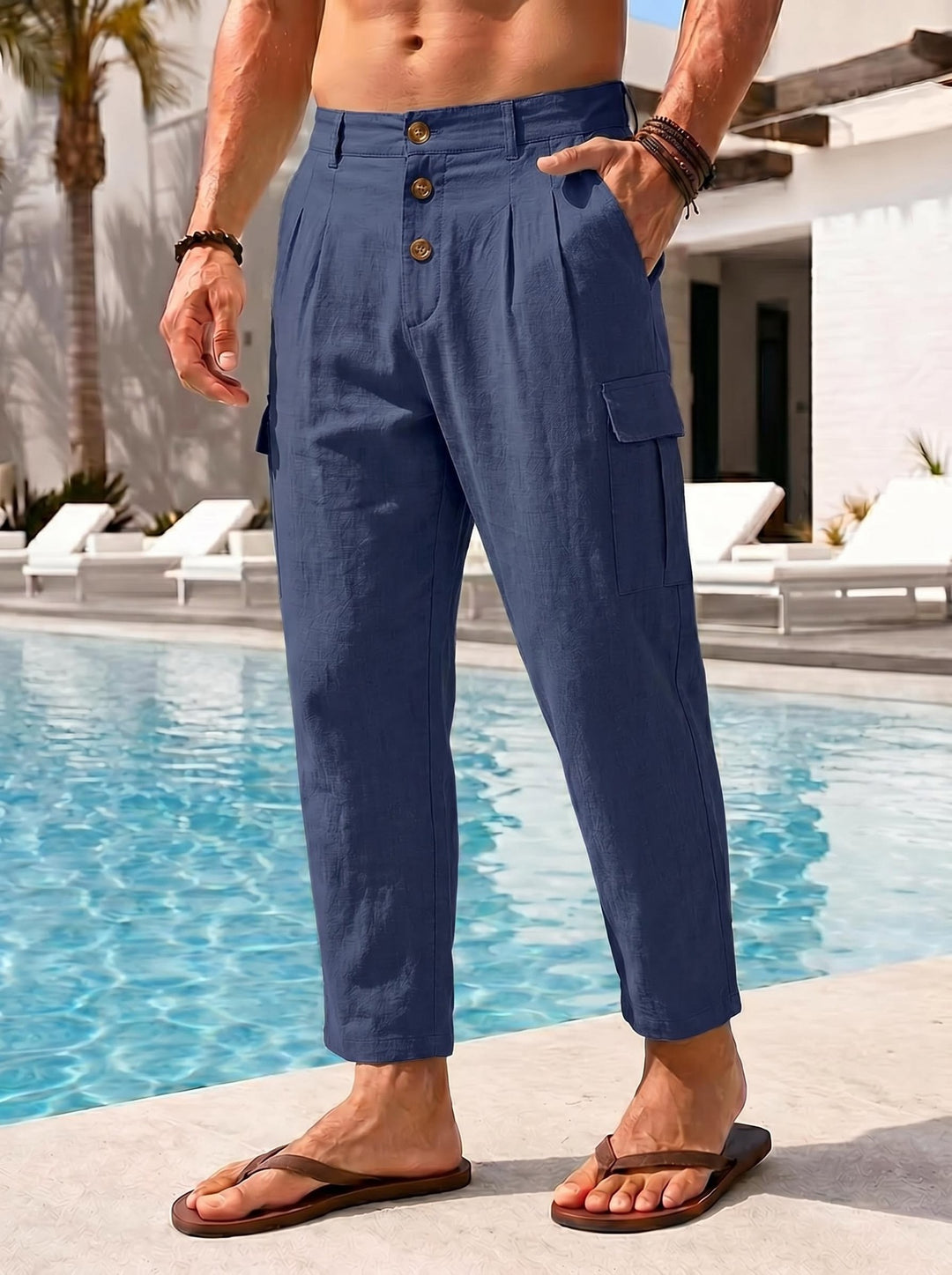 Men's casual linen cargo chino with button placket, pleats, and cropped ankle length Mune Fashion