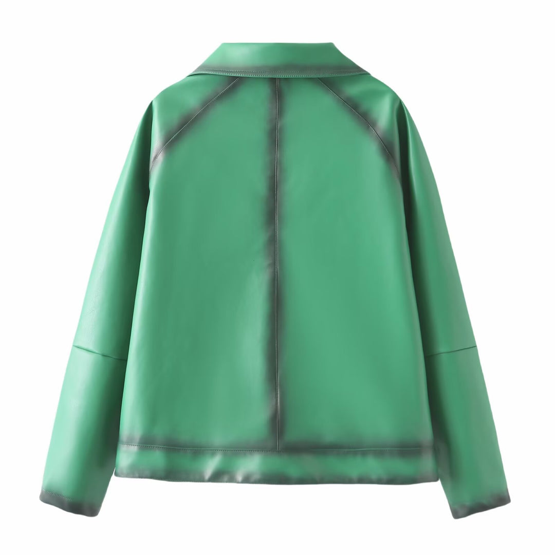 Women Boxy Faux Leather Jacket with Large Shirt Collar and Continuous Zipper Mune Fashion