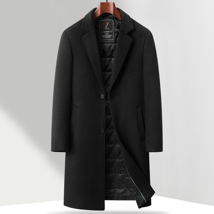 Men's Single-Breasted Knee-Length Wool Blend Overcoat with Narrow Lapels Mune Fashion