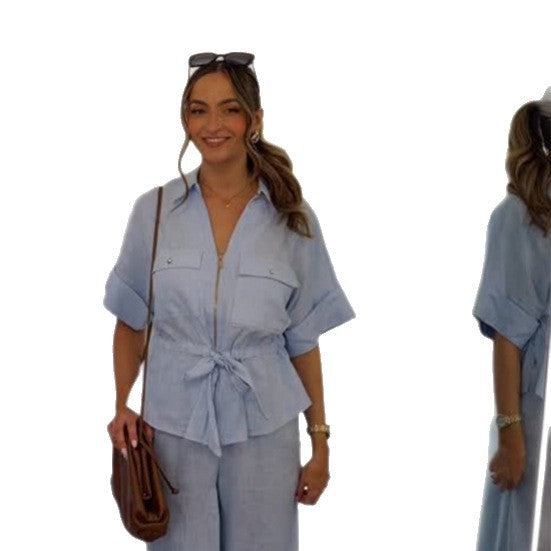 Women's Short Sleeve Blouse with Zipper, Breast Pockets & Drawstring Waist Mune Fashion