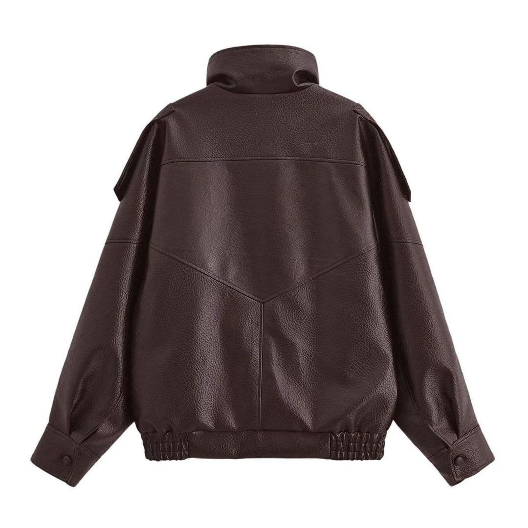 Women's Oversized Faux Leather Bomber Jacket with High Stand-Up Collar, Snap Button Placket and Smocked Cuffs Mune Fashion
