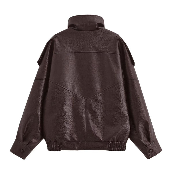 Women's Oversized Faux Leather Bomber Jacket with High Stand-Up Collar, Snap Button Placket and Smocked Cuffs Mune Fashion