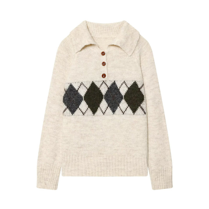 Women Chunky Knit Sweater with Polo Collar, 3-Button Placket and Argyle Decor Mune Fashion