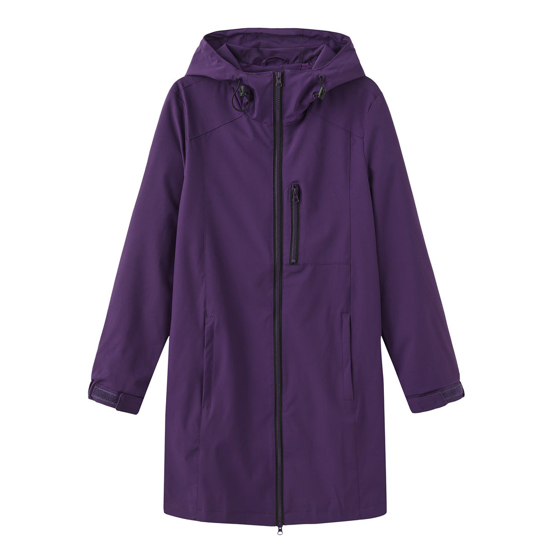 Women's long slim functional rain jacket with full-length zipper, chest zip pocket, and velcro cuffs Mune Fashion