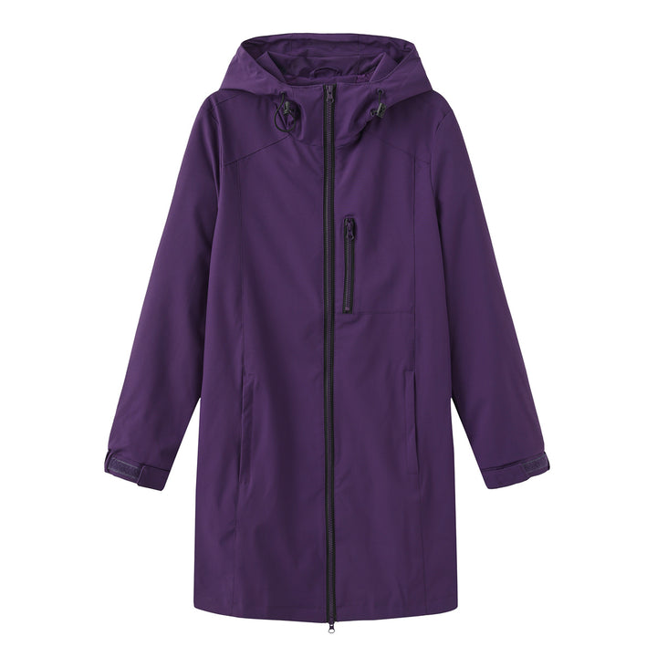 Women's long slim functional rain jacket with full-length zipper, chest zip pocket, and velcro cuffs Mune Fashion