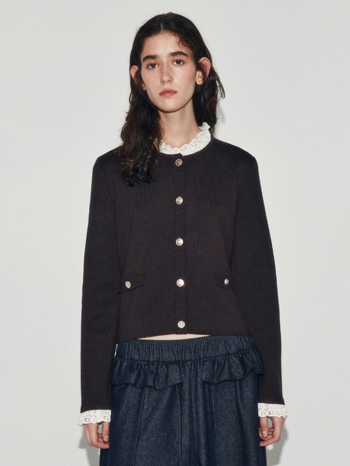 Women's Short Cut Fine Knit Cardigan with Round Neck, Decorative Buttons and Flap Pockets Mune Fashion