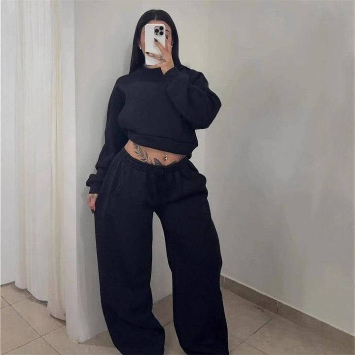 Women's Cropped Sweatshirt with High Round Neck and Elastic Drawstring Wide-Leg Jogging Pants Set Mune Fashion