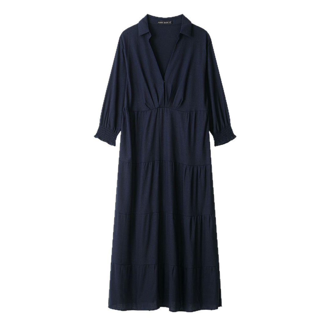 Women’s midi dress in tiered look with shirt collar, V-neck and gathered waist seam Mune Fashion
