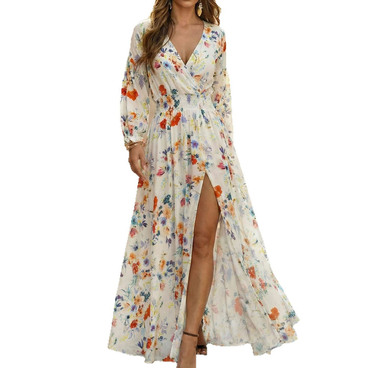 Women's flowing maxi dress with wrap top, gathered smocked waist and high slit Mune Fashion