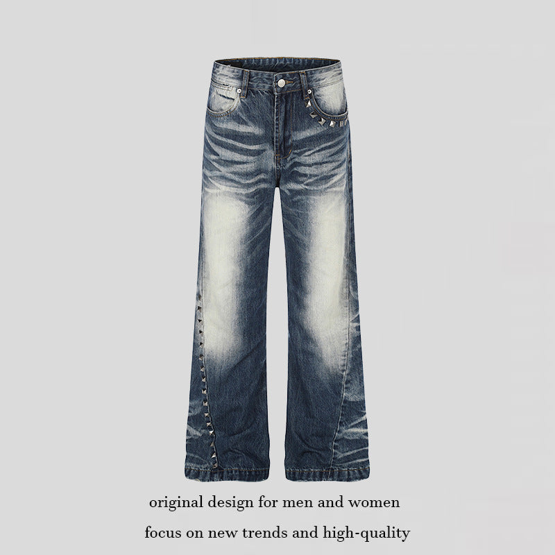 Women High-Waisted Wide Flare Jeans with Used Wash and Studded Trim Mune Fashion