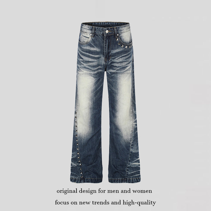 Women High-Waisted Wide Flare Jeans with Used Wash and Studded Trim Mune Fashion