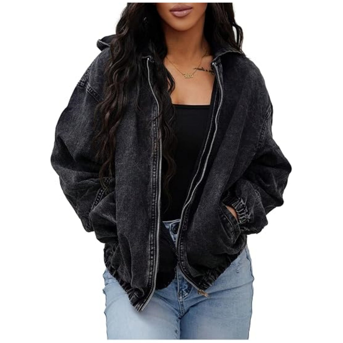 Women's Oversized Denim Jacket with Hood, Zipper and Ruched Hem Mune Fashion