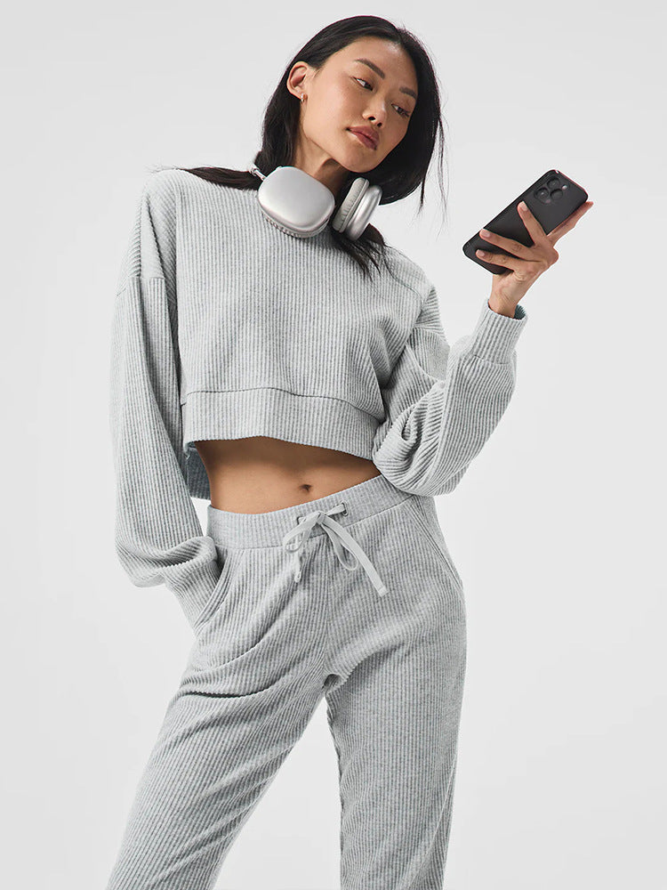 Women Ribbed High-Waist Lounge Pants with Drawstring and Cuffs Mune Fashion