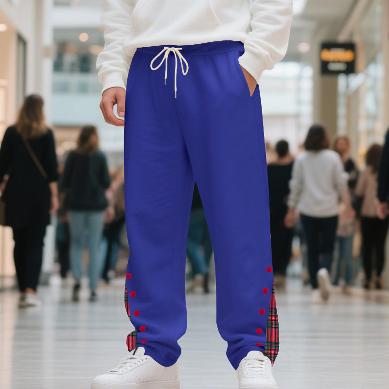 Men's Relaxed-Fit Jogging Pants with Check Side Panel, Snap Button Placket & Drawstring