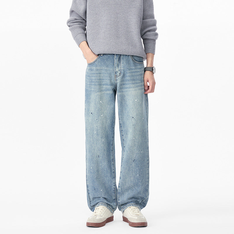 Men's Relaxed-Fit Denim Pants with Paint-Splatter and Straight Leg Mune Fashion