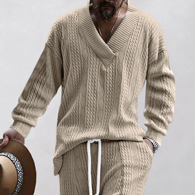 Men's Oversize Cable Knit Sweater with Deep V-Neck Mune Fashion