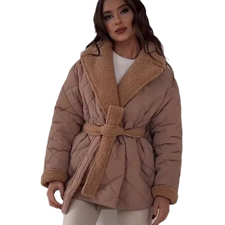 Women’s quilted jacket with teddy lining, fitted belt and large shawl collar Mune Fashion