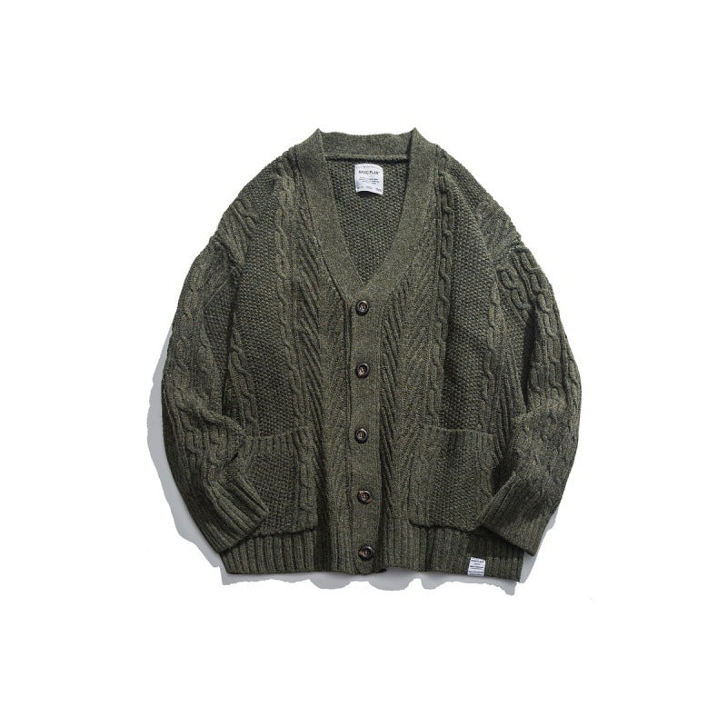 Unisex Oversized Knit Cardigan with Cable Pattern, V-Neck and Patch Pockets Mune Fashion