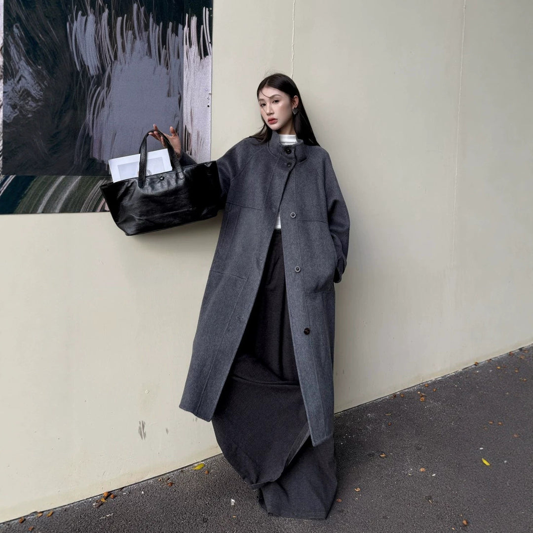 Women's Oversized Wool Coat with Stand-Up Collar and Large Flap Pockets Mune Fashion