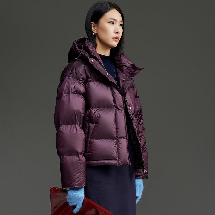 Women Short Cut Quilted Down Bomber Jacket with Hood Mune Fashion