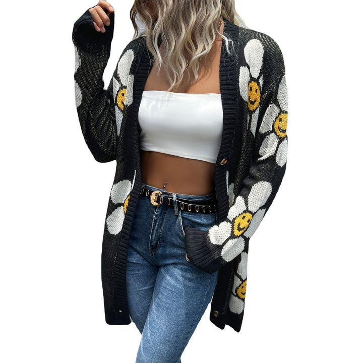 Women's Long Floral Jacquard Knit Cardigan with Oversized Sleeves and Ribbed Cuff Mune Fashion