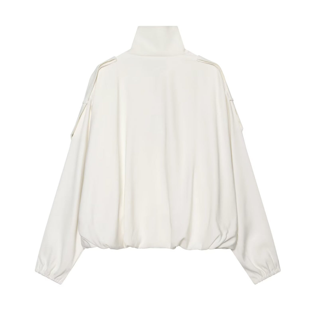 Women's Cropped Boxy Canvas Jacket with Funnel Neck, Snap Button Closure, and Shoulder Patches Mune Fashion