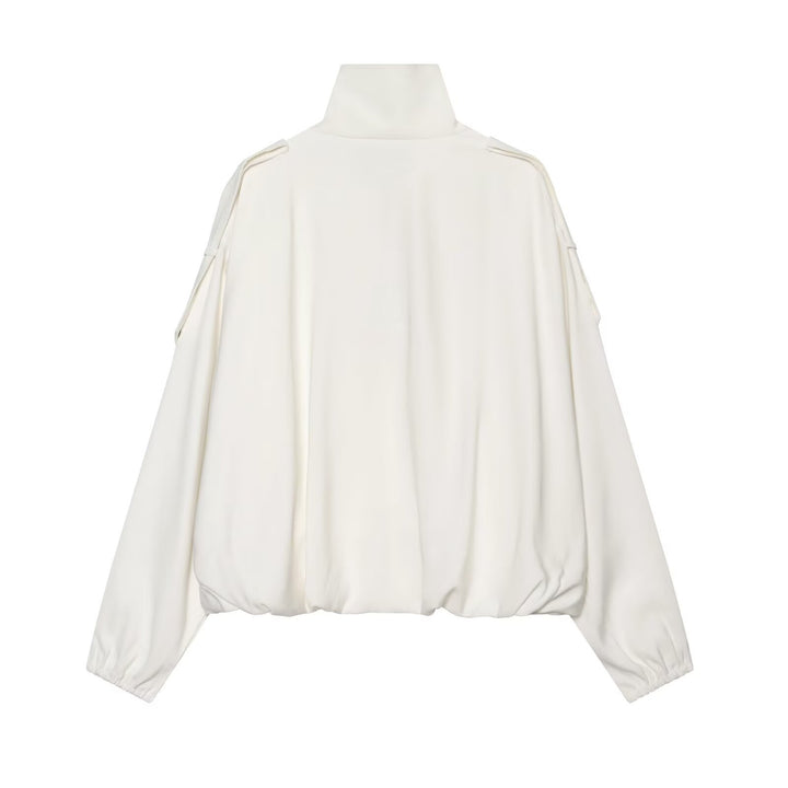 Women's Cropped Boxy Canvas Jacket with Funnel Neck, Snap Button Closure, and Shoulder Patches Mune Fashion